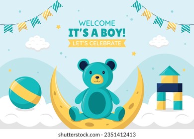 its a boy. It's a boy background. baby boy. gender reveal background. Vector Illustration. Poster, Banner, Greeting Card, Invitation Card. baby announcement concept. Baby is coming. Blue Background.