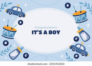 its a boy. It's a boy background. baby boy. gender reveal background. Vector Illustration. Poster, Banner, Greeting Card, Invitation Card. baby announcement concept. Baby is coming. Blue Background.