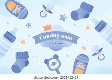 its a boy. It's a boy background. baby boy. gender reveal background. Vector Illustration. Poster, Banner, Greeting Card, Invitation Card. baby announcement concept. Baby is coming. Blue Background.