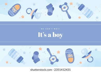 its a boy. It's a boy background. baby boy. gender reveal background. Vector Illustration. Poster, Banner, Greeting Card, Invitation Card. baby announcement concept. Baby is coming. Blue Background.