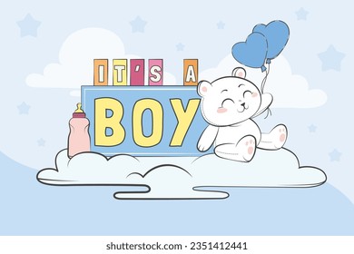 its a boy. It's a boy background. baby boy. gender reveal background. Vector Illustration. Poster, Banner, Greeting Card, Invitation Card. baby announcement concept. Baby is coming. Blue Background.