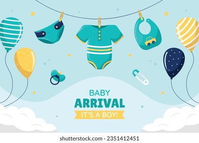 its a boy. It's a boy background. baby boy. gender reveal background. Vector Illustration. Poster, Banner, Greeting Card, Invitation Card. baby announcement concept. Baby is coming. Blue Background.