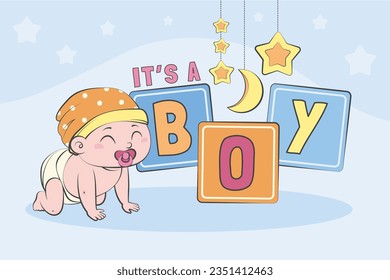 its a boy. It's a boy background. baby boy. gender reveal background. Vector Illustration. Poster, Banner, Greeting Card, Invitation Card. baby announcement concept. Baby is coming. Blue Background.