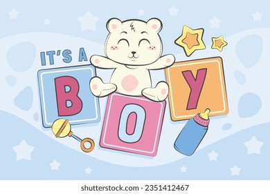 its a boy. It's a boy background. baby boy. gender reveal background. Vector Illustration. Poster, Banner, Greeting Card, Invitation Card. baby announcement concept. Baby is coming. Blue Background.