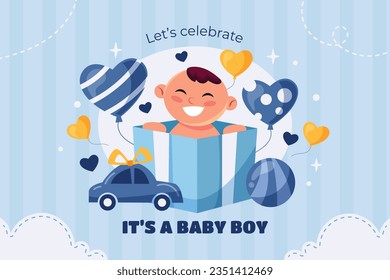 its a boy. It's a boy background. baby boy. gender reveal background. Vector Illustration. Poster, Banner, Greeting Card, Invitation Card. baby announcement concept. Baby is coming. Blue Background.