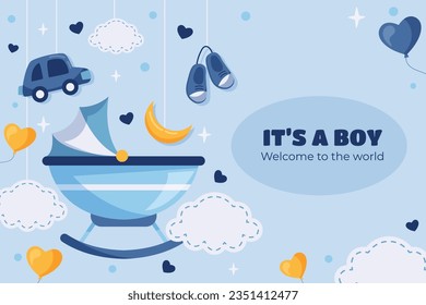 its a boy. It's a boy background. baby boy. gender reveal background. Vector Illustration. Poster, Banner, Greeting Card, Invitation Card. baby announcement concept. Baby is coming. Blue Background.