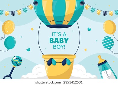 its a boy. It's a boy background. baby boy. gender reveal background. Vector Illustration. Poster, Banner, Greeting Card, Invitation Card. baby announcement concept. Baby is coming. Blue Background.