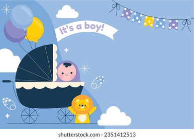 its a boy. It's a boy background. baby boy. gender reveal background. Vector Illustration. Poster, Banner, Greeting Card, Invitation Card. baby announcement concept. Baby is coming. Blue Background.