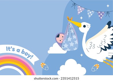 its a boy. It's a boy background. baby boy. gender reveal background. Vector Illustration. Poster, Banner, Greeting Card, Invitation Card. baby announcement concept. Baby is coming. Blue Background.