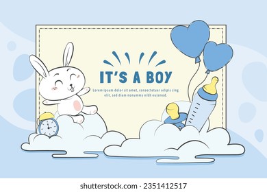 its a boy. It's a boy background. baby boy. gender reveal background. Vector Illustration. Poster, Banner, Greeting Card, Invitation Card. baby announcement concept. Baby is coming. Blue Background.