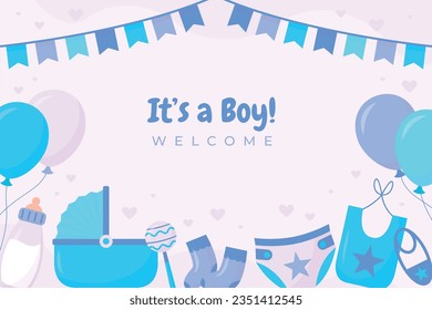 its a boy. It's a boy background. baby boy. gender reveal background. Vector Illustration. Poster, Banner, Greeting Card, Invitation Card. baby announcement concept. Baby is coming. Blue Background.