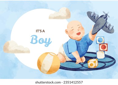 its a boy. It's a boy background. baby boy. gender reveal background. Vector Illustration. Poster, Banner, Greeting Card, Invitation Card. baby announcement concept. Baby is coming. Blue Background.