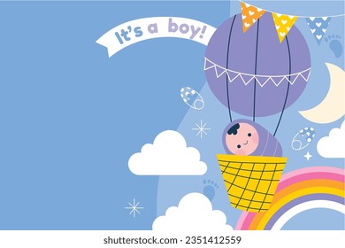 its a boy. It's a boy background. baby boy. gender reveal background. Vector Illustration. Poster, Banner, Greeting Card, Invitation Card. baby announcement concept. Baby is coming. Blue Background.