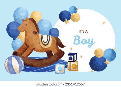 its a boy. It's a boy background. baby boy. gender reveal background. Vector Illustration. Poster, Banner, Greeting Card, Invitation Card. baby announcement concept. Baby is coming. Blue Background.