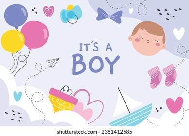 its a boy. It's a boy background. baby boy. gender reveal background. Vector Illustration. Poster, Banner, Greeting Card, Invitation Card. baby announcement concept. Baby is coming. Blue Background.