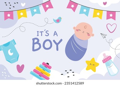 its a boy. It's a boy background. baby boy. gender reveal background. Vector Illustration. Poster, Banner, Greeting Card, Invitation Card. baby announcement concept. Baby is coming. Blue Background.