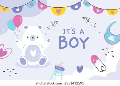 its a boy. It's a boy background. baby boy. gender reveal background. Vector Illustration. Poster, Banner, Greeting Card, Invitation Card. baby announcement concept. Baby is coming. Blue Background.