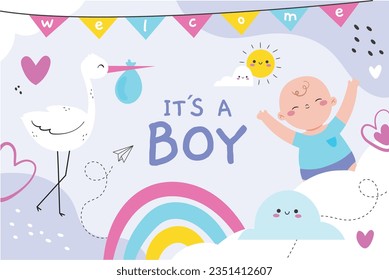 its a boy. It's a boy background. baby boy. gender reveal background. Vector Illustration. Poster, Banner, Greeting Card, Invitation Card. baby announcement concept. Baby is coming. Blue Background.