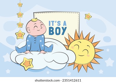 its a boy. It's a boy background. baby boy. gender reveal background. Vector Illustration. Poster, Banner, Greeting Card, Invitation Card. baby announcement concept. Baby is coming. Blue Background.