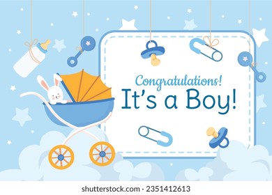 its a boy. It's a boy background. baby boy. gender reveal background. Vector Illustration. Poster, Banner, Greeting Card, Invitation Card. baby announcement concept. Baby is coming. Blue Background.