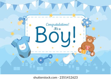 its a boy. It's a boy background. baby boy. gender reveal background. Vector Illustration. Poster, Banner, Greeting Card, Invitation Card. baby announcement concept. Baby is coming. Blue Background.