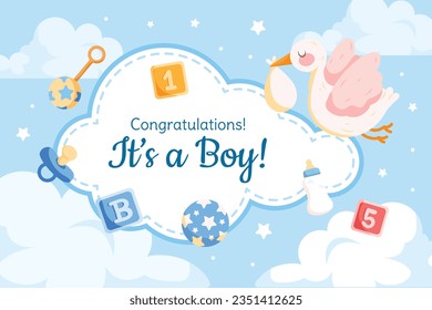 its a boy. It's a boy background. baby boy. gender reveal background. Vector Illustration. Poster, Banner, Greeting Card, Invitation Card. baby announcement concept. Baby is coming. Blue Background.