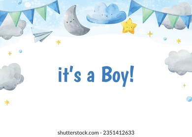 its a boy. It's a boy background. baby boy. gender reveal background. Vector Illustration. Poster, Banner, Greeting Card, Invitation Card. baby announcement concept. Baby is coming. Blue Background.