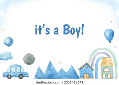 its a boy. It's a boy background. baby boy. gender reveal background. Vector Illustration. Poster, Banner, Greeting Card, Invitation Card. baby announcement concept. Baby is coming. Blue Background.