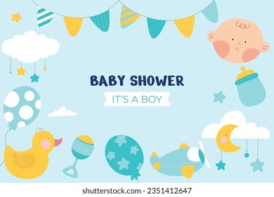 its a boy. It's a boy background. baby boy. gender reveal background. Vector Illustration. Poster, Banner, Greeting Card, Invitation Card. baby announcement concept. Baby is coming. Blue Background.