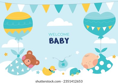 its a boy. It's a boy background. baby boy. gender reveal background. Vector Illustration. Poster, Banner, Greeting Card, Invitation Card. baby announcement concept. Baby is coming. Blue Background.