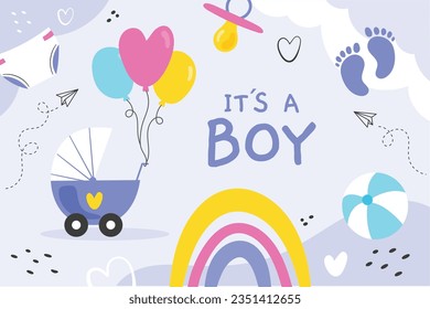 its a boy. It's a boy background. baby boy. gender reveal background. Vector Illustration. Poster, Banner, Greeting Card, Invitation Card. baby announcement concept. Baby is coming. Blue Background.