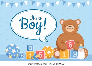 its a boy. It's a boy background. baby boy. gender reveal background. Vector Illustration. Poster, Banner, Greeting Card, Invitation Card. baby announcement concept. Baby is coming. Blue Background.