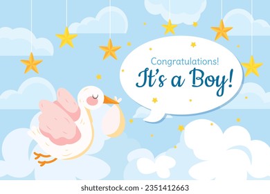 its a boy. It's a boy background. baby boy. gender reveal background. Vector Illustration. Poster, Banner, Greeting Card, Invitation Card. baby announcement concept. Baby is coming. Blue Background.