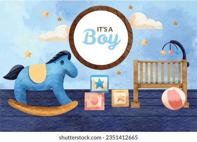 its a boy. It's a boy background. baby boy. gender reveal background. Vector Illustration. Poster, Banner, Greeting Card, Invitation Card. baby announcement concept. Baby is coming. Blue Background.