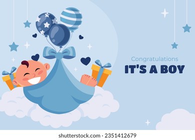 its a boy. It's a boy background. baby boy. gender reveal background. Vector Illustration. Poster, Banner, Greeting Card, Invitation Card. baby announcement concept. Baby is coming. Blue Background.