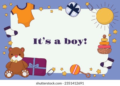 its a boy. It's a boy background. baby boy. gender reveal background. Vector Illustration. Poster, Banner, Greeting Card, Invitation Card. baby announcement concept. Baby is coming. Blue Background.