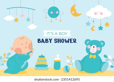 its a boy. It's a boy background. baby boy. gender reveal background. Vector Illustration. Poster, Banner, Greeting Card, Invitation Card. baby announcement concept. Baby is coming. Blue Background.