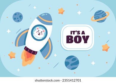 its a boy. It's a boy background. baby boy. gender reveal background. Vector Illustration. Poster, Banner, Greeting Card, Invitation Card. baby announcement concept. Baby is coming. Blue Background.