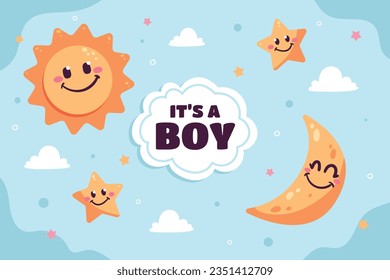 its a boy. It's a boy background. baby boy. gender reveal background. Vector Illustration. Poster, Banner, Greeting Card, Invitation Card. baby announcement concept. Baby is coming. Blue Background.