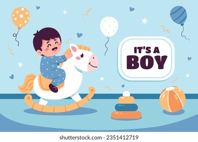 its a boy. It's a boy background. baby boy. gender reveal background. Vector Illustration. Poster, Banner, Greeting Card, Invitation Card. baby announcement concept. Baby is coming. Blue Background.