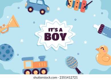 its a boy. It's a boy background. baby boy. gender reveal background. Vector Illustration. Poster, Banner, Greeting Card, Invitation Card. baby announcement concept. Baby is coming. Blue Background.