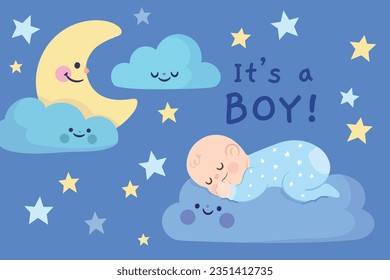 its a boy. It's a boy background. baby boy. gender reveal background. Vector Illustration. Poster, Banner, Greeting Card, Invitation Card. baby announcement concept. Baby is coming. Blue Background.