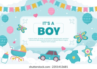 its a boy. It's a boy background. baby boy. gender reveal background. Vector Illustration. Poster, Banner, Greeting Card, Invitation Card. baby announcement concept. Baby is coming. Blue Background.