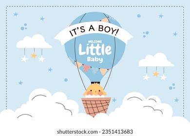 its a boy. It's a boy background. baby boy. gender reveal background. Vector Illustration. Poster, Banner, Greeting Card, Invitation Card. baby announcement concept. Baby is coming. Blue Background.