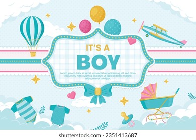 its a boy. It's a boy background. baby boy. gender reveal background. Vector Illustration. Poster, Banner, Greeting Card, Invitation Card. baby announcement concept. Baby is coming. Blue Background.