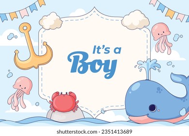 its a boy. It's a boy background. baby boy. gender reveal background. Vector Illustration. Poster, Banner, Greeting Card, Invitation Card. baby announcement concept. Baby is coming. Blue Background.