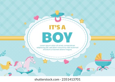 its a boy. It's a boy background. baby boy. gender reveal background. Vector Illustration. Poster, Banner, Greeting Card, Invitation Card. baby announcement concept. Baby is coming. Blue Background.