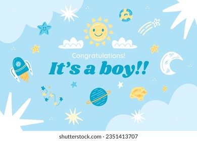 its a boy. It's a boy background. baby boy. gender reveal background. Vector Illustration. Poster, Banner, Greeting Card, Invitation Card. baby announcement concept. Baby is coming. Blue Background.