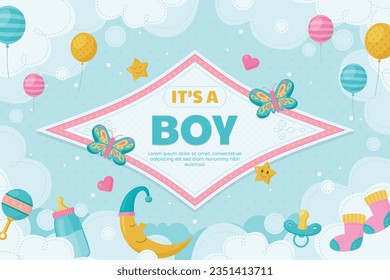 its a boy. It's a boy background. baby boy. gender reveal background. Vector Illustration. Poster, Banner, Greeting Card, Invitation Card. baby announcement concept. Baby is coming. Blue Background.