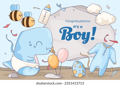 its a boy. It's a boy background. baby boy. gender reveal background. Vector Illustration. Poster, Banner, Greeting Card, Invitation Card. baby announcement concept. Baby is coming. Blue Background.